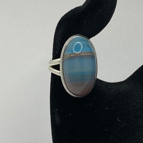 Vintage Blue Striped Agate 925 Sterling Ring - Picture 6 of 7